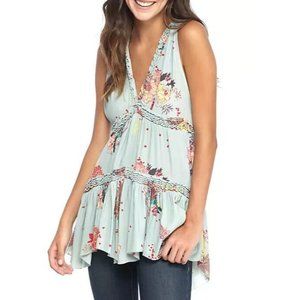Free People Womens Blue Haze Floral Sleeveless Tiered Tunic Blouse Top V-Neck